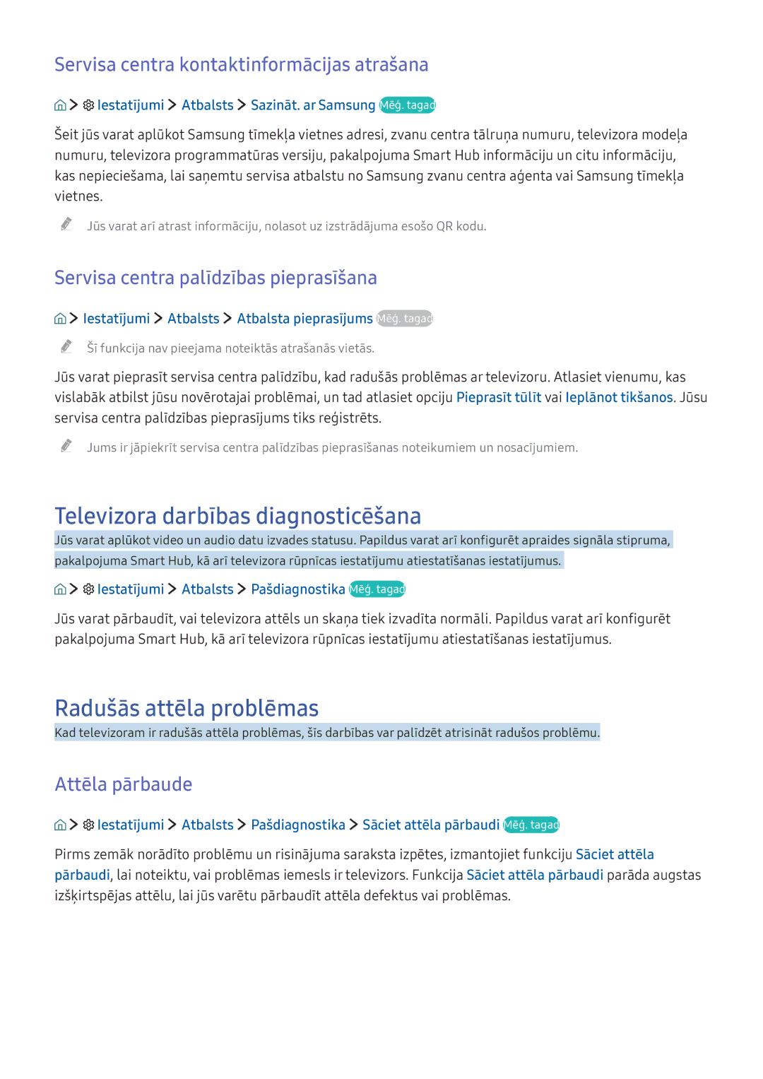 Samsung UE65KS8002TXXH, UE50KU6000WXXH manual Televizora darbības diagnosticēšana, Radušās attēla problēmas, Attēla pārbaude 