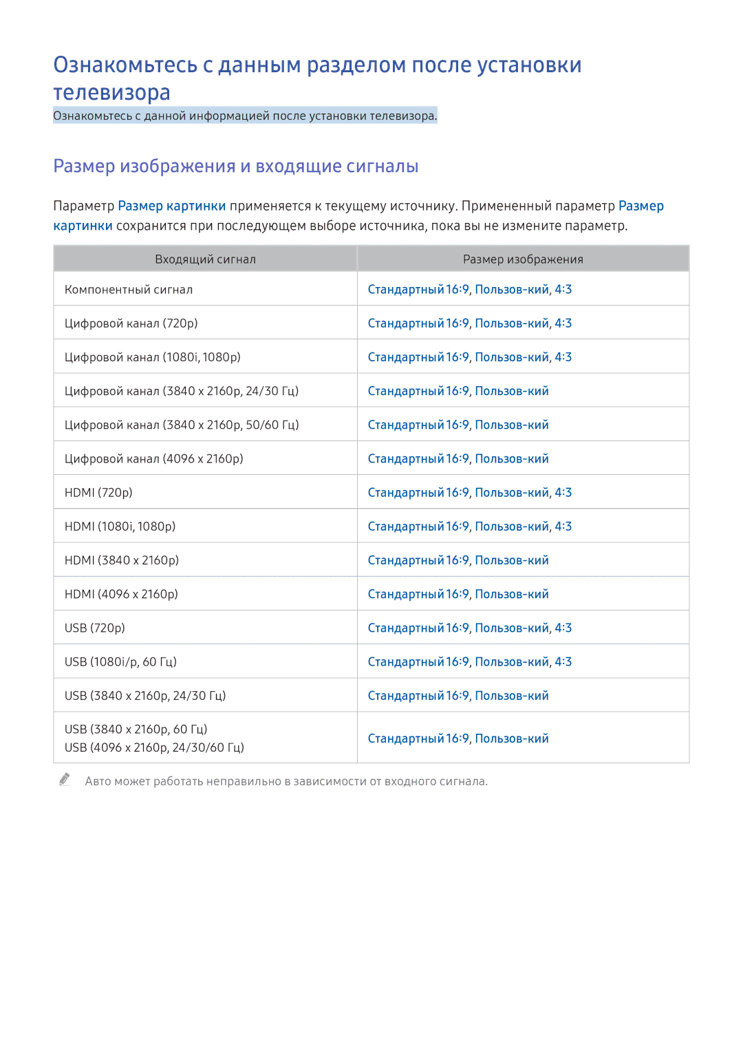 Samsung UE65KU6500UXRU Ознакомьтесь с данным разделом после установки телевизора, Размер изображения и входящие сигналы 