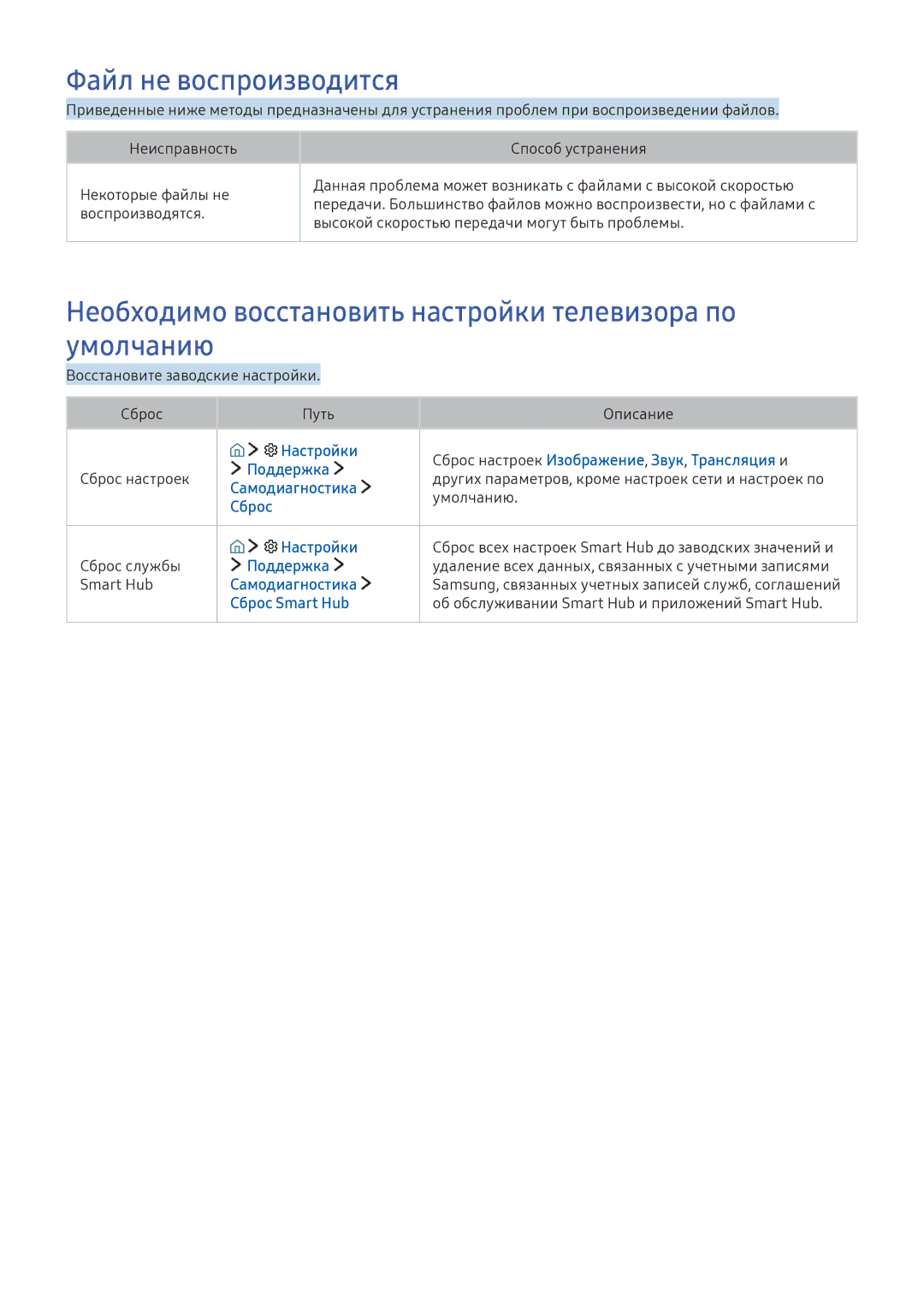 Samsung UE75KS8000UXRU Файл не воспроизводится, Необходимо восстановить настройки телевизора по умолчанию, Самодиагностика 