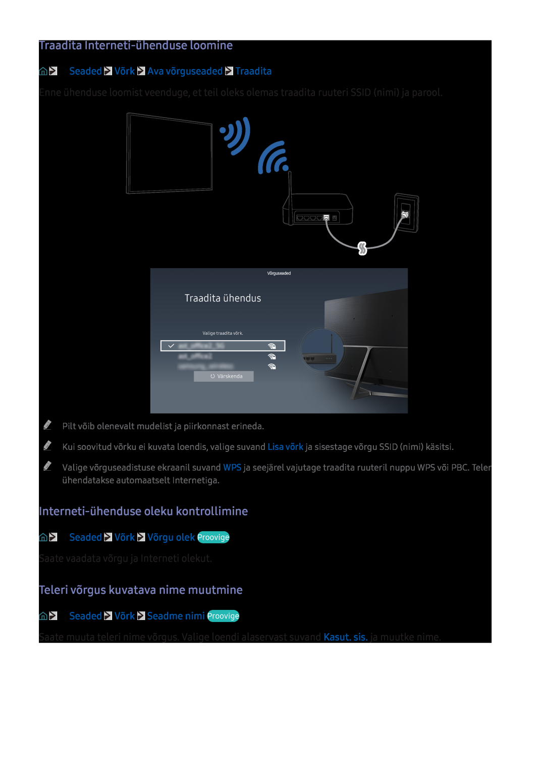 Samsung UE40KU6000WXXH manual Traadita Interneti-ühenduse loomine, Interneti-ühenduse oleku kontrollimine, Traadita ühendus 