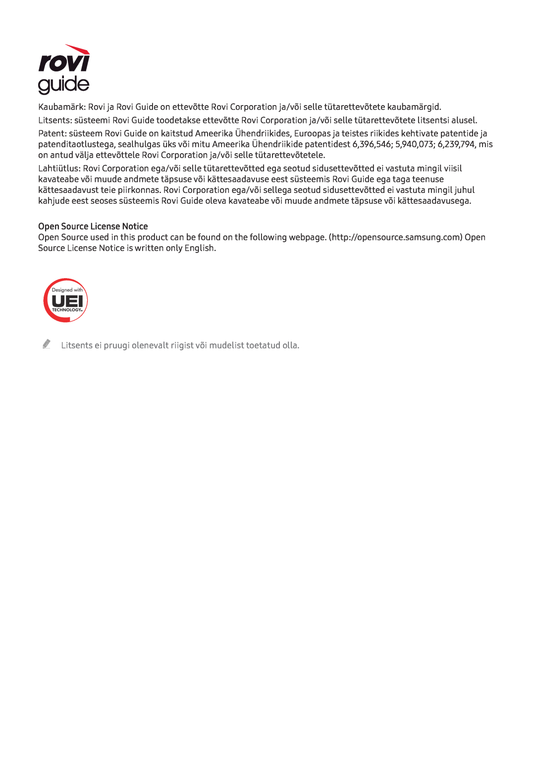 Samsung UE65KU6092UXXH manual Open Source License Notice, Litsents ei pruugi olenevalt riigist või mudelist toetatud olla 