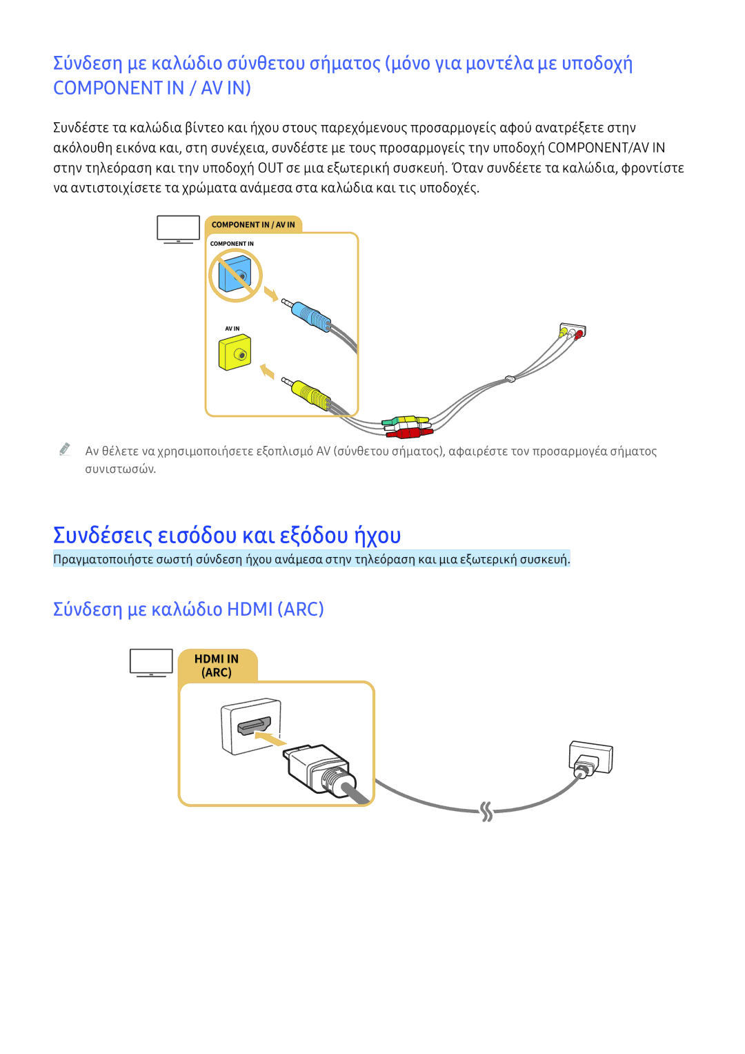 Samsung UE55KU6400SXXH, UE50KU6000WXXH, UE49KU6100WXXH manual Συνδέσεις εισόδου και εξόδου ήχου, Σύνδεση με καλώδιο Hdmi ARC 