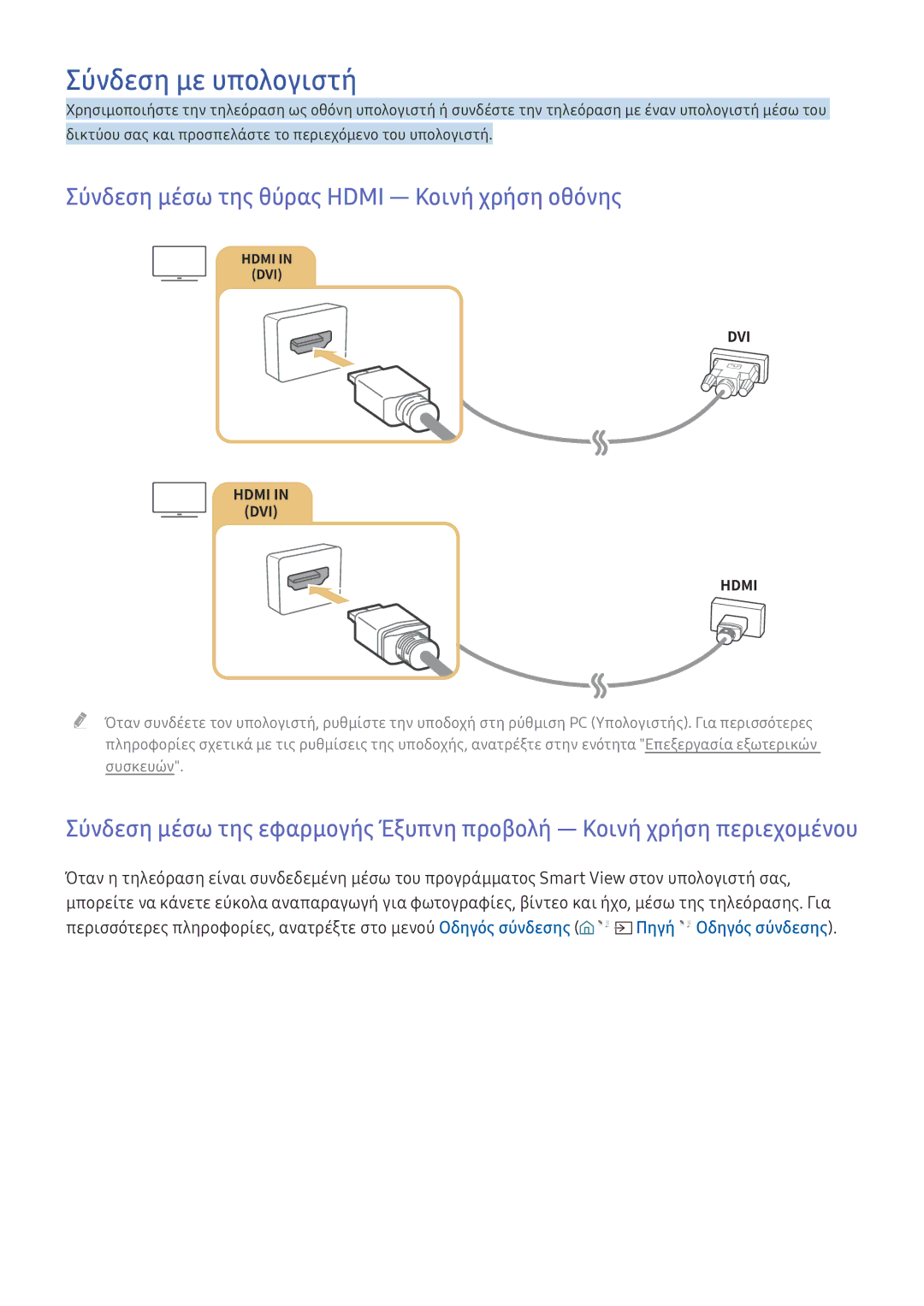 Samsung UE65KU6000WXXH, UE50KU6000WXXH manual Σύνδεση με υπολογιστή, Σύνδεση μέσω της θύρας Hdmi ― Κοινή χρήση οθόνης 