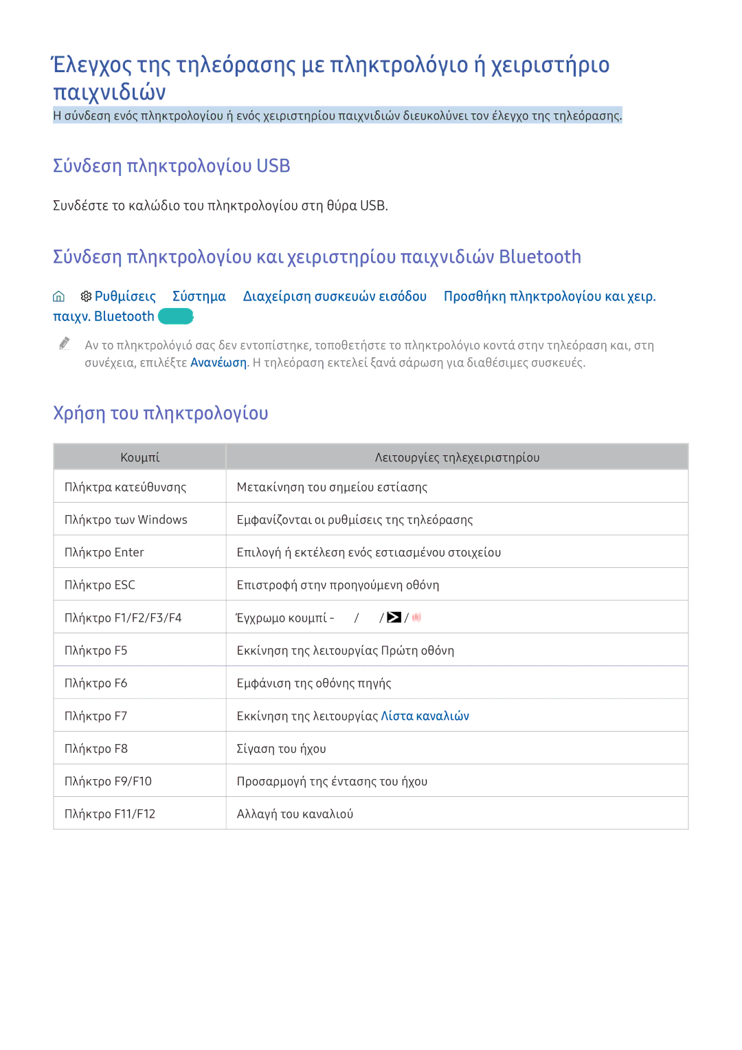 Samsung UE55KU6100WXXH manual Σύνδεση πληκτρολογίου USB, Σύνδεση πληκτρολογίου και χειριστηρίου παιχνιδιών Bluetooth 