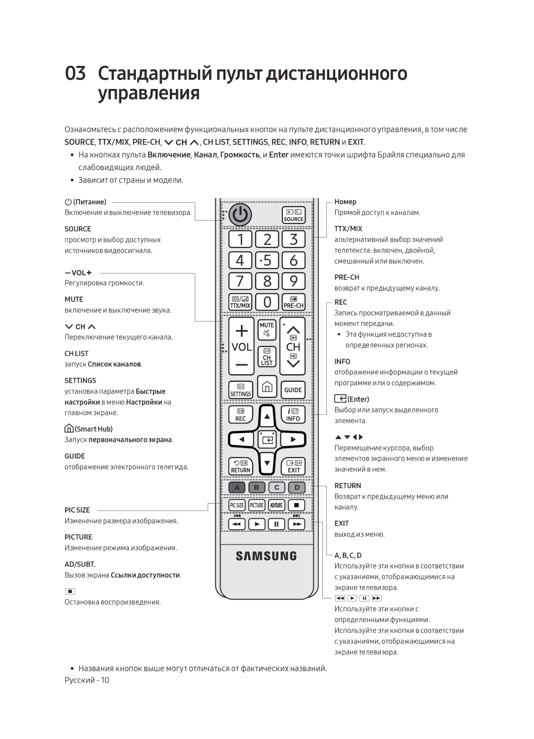 Samsung UE43MU6103UXRU, UE50MU6103UXRU, UE49MU6103UXRU manual 03 Стандартный пульт дистанционного управления, Settings 