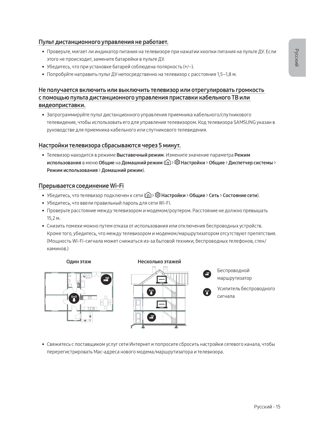 Samsung UE40MU6103UXRU manual Пульт дистанционного управления не работает, Настройки телевизора сбрасываются через 5 минут 