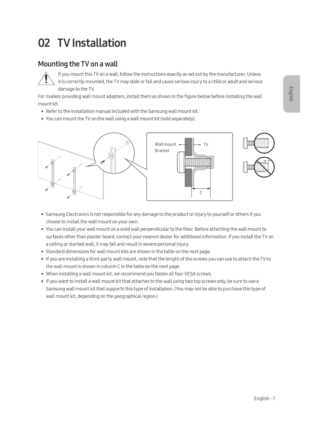 Samsung UE49MU6103UXRU, UE50MU6103UXRU, UE43MU6103UXRU, UE40MU6103UXRU manual TV Installation, Mounting the TV on a wall 