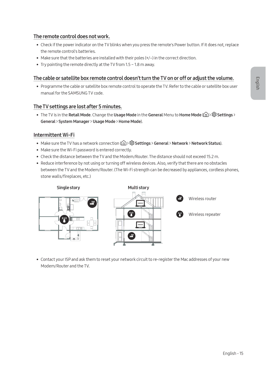 Samsung UE49MU6103UXRU manual Remote control does not work, TV settings are lost after 5 minutes, Intermittent Wi-Fi 