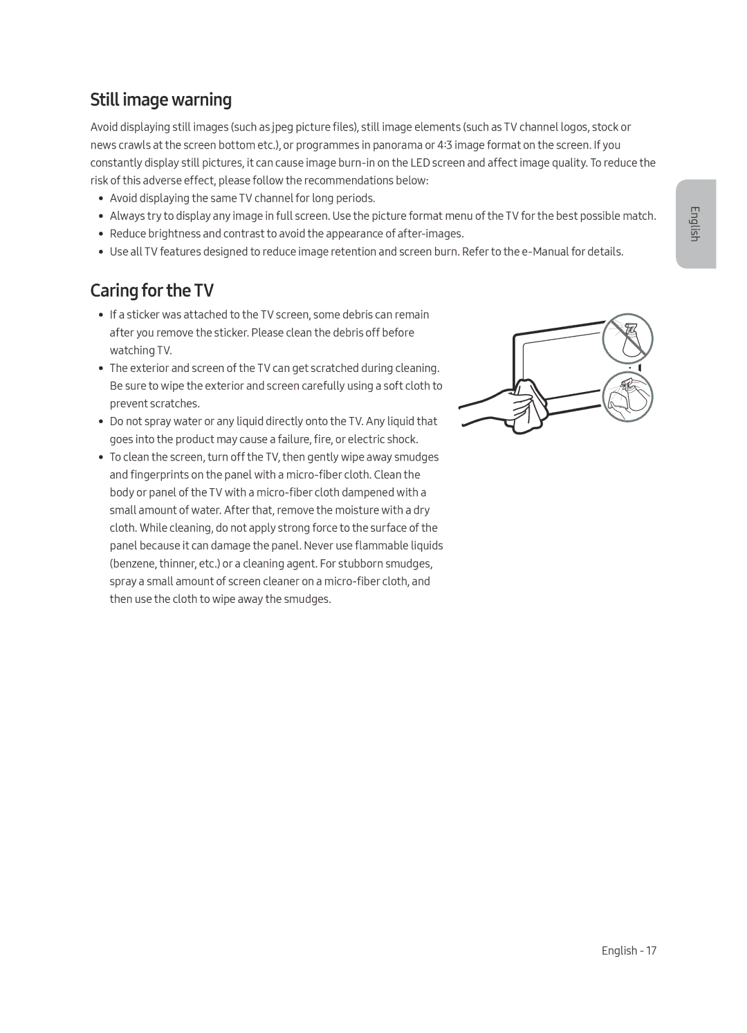 Samsung UE40MU6103UXRU, UE50MU6103UXRU, UE49MU6103UXRU, UE43MU6103UXRU manual Still image warning, Caring for the TV 