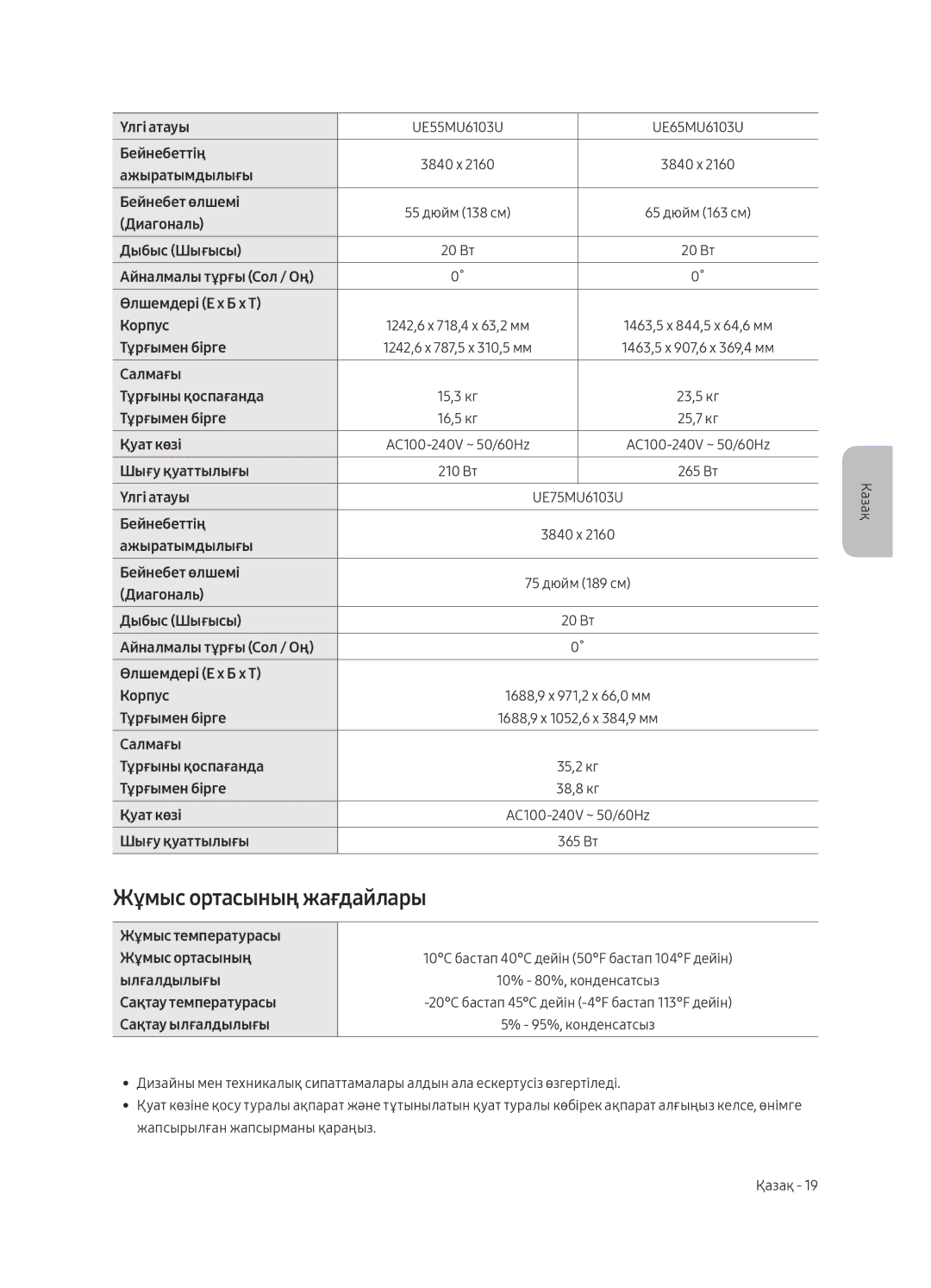 Samsung UE49MU6103UXRU, UE50MU6103UXRU, UE43MU6103UXRU, UE40MU6103UXRU manual Жұмыс ортасының жағдайлары 