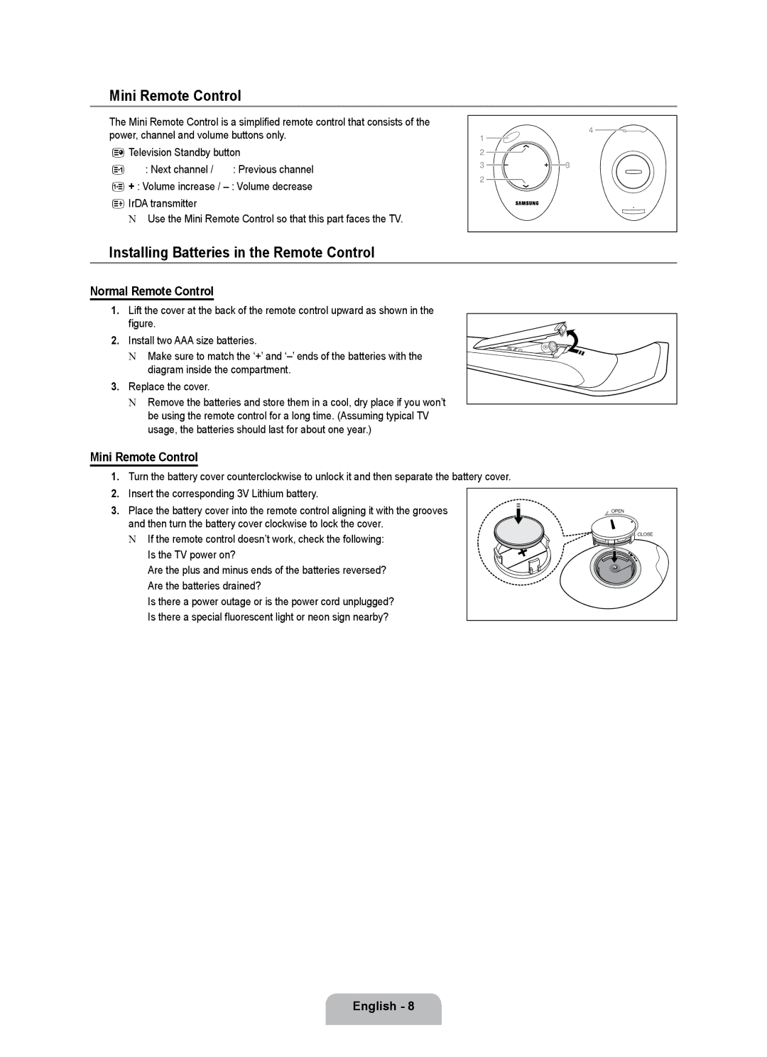 Samsung UE55B7020WWXBT manual Mini Remote Control, Installing Batteries in the Remote Control, Normal Remote Control 