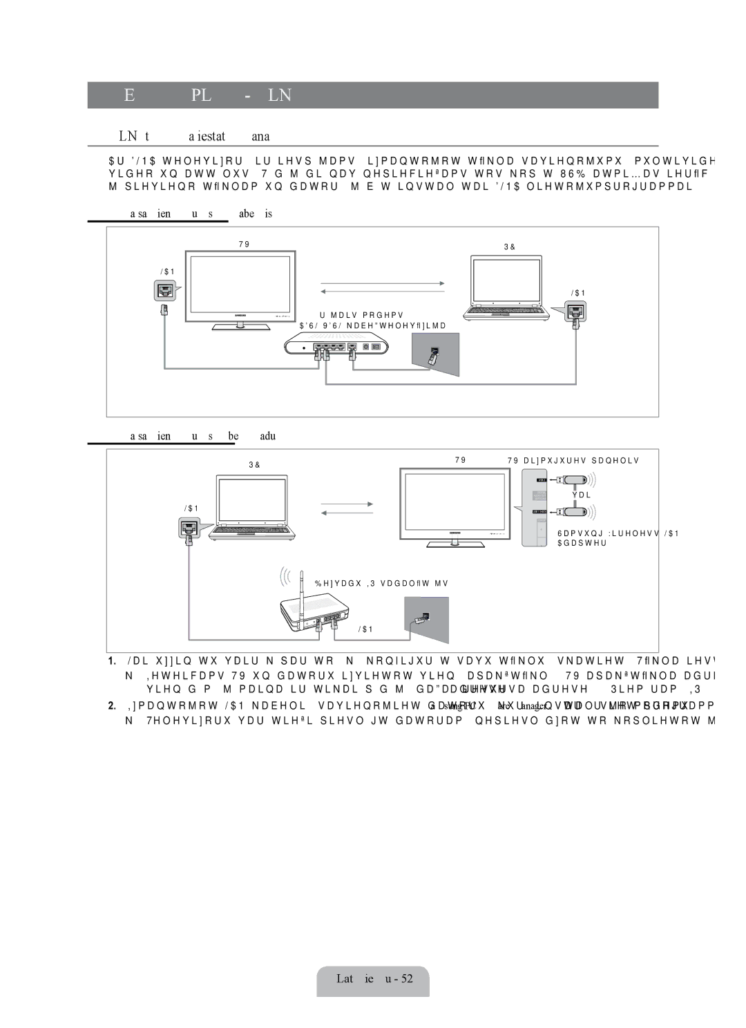 Samsung UE55B7020WWXBT, UE55B7000WWXBT manual Dlna tīkla iestatīšana, Tīkla savienojums kabelis, Tīkla savienojums bezvadu 