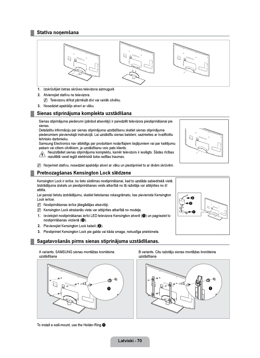 Samsung UE55B7020WWXBT, UE55B7000WWXBT manual Statīva noņemšana, Sienas stiprinājuma komplekta uzstādīšana, Latviski 0 