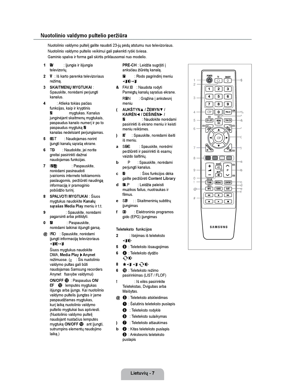 Samsung UE55B7000WWXBT Nuotolinio valdymo pultelio peržiūra, Skaitmenų Mygtukai Spauskite, norėdami perjungti kanalus 