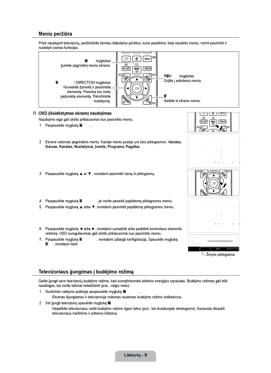 Samsung UE55B7000WWXBT manual Meniu peržiūra, Televizoriaus įjungimas į budėjimo režimą, OSD išsidėstymas ekrane naudojimas 