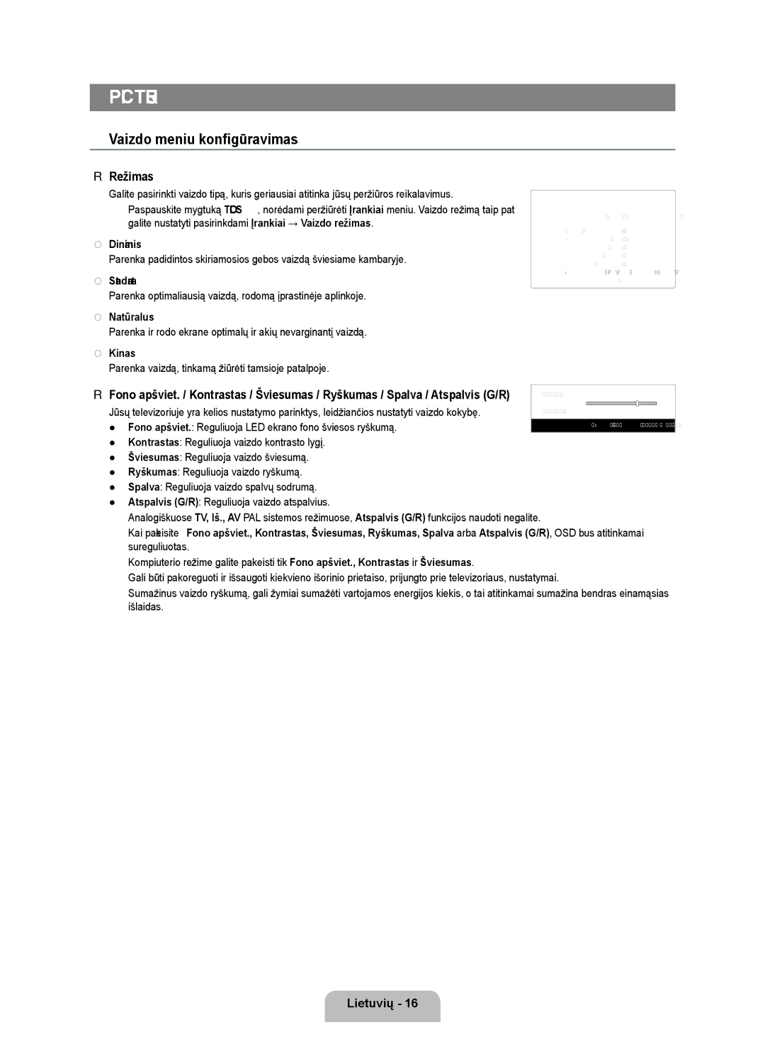 Samsung UE55B7020WWXBT, UE55B7000WWXBT manual Vaizdo meniu konfigūravimas, Režimas, Dinaminis, Natūralus, Kinas 