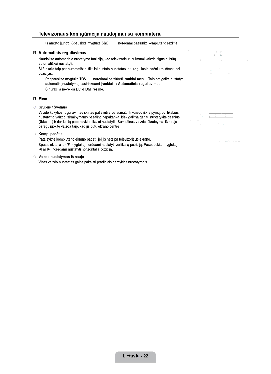 Samsung UE55B7020WWXBT manual Televizoriaus konfigūracija naudojimui su kompiuteriu, Automatinis reguliavimas, Ekranas 