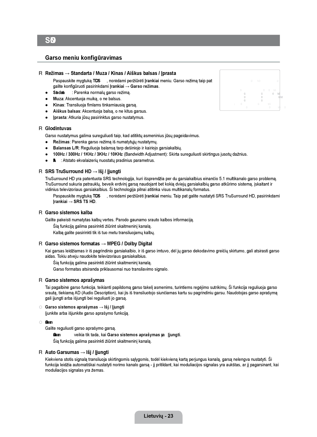 Samsung UE55B7000WWXBT, UE55B7020WWXBT manual Garso meniu konfigūravimas 