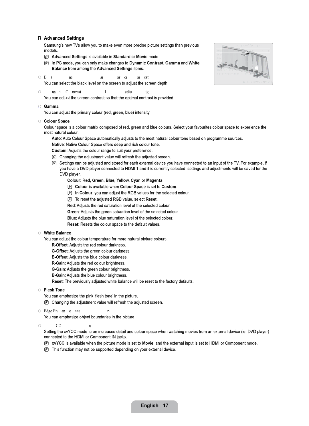 Samsung UE55B7000WWXBT, UE55B7020WWXBT manual Advanced Settings 