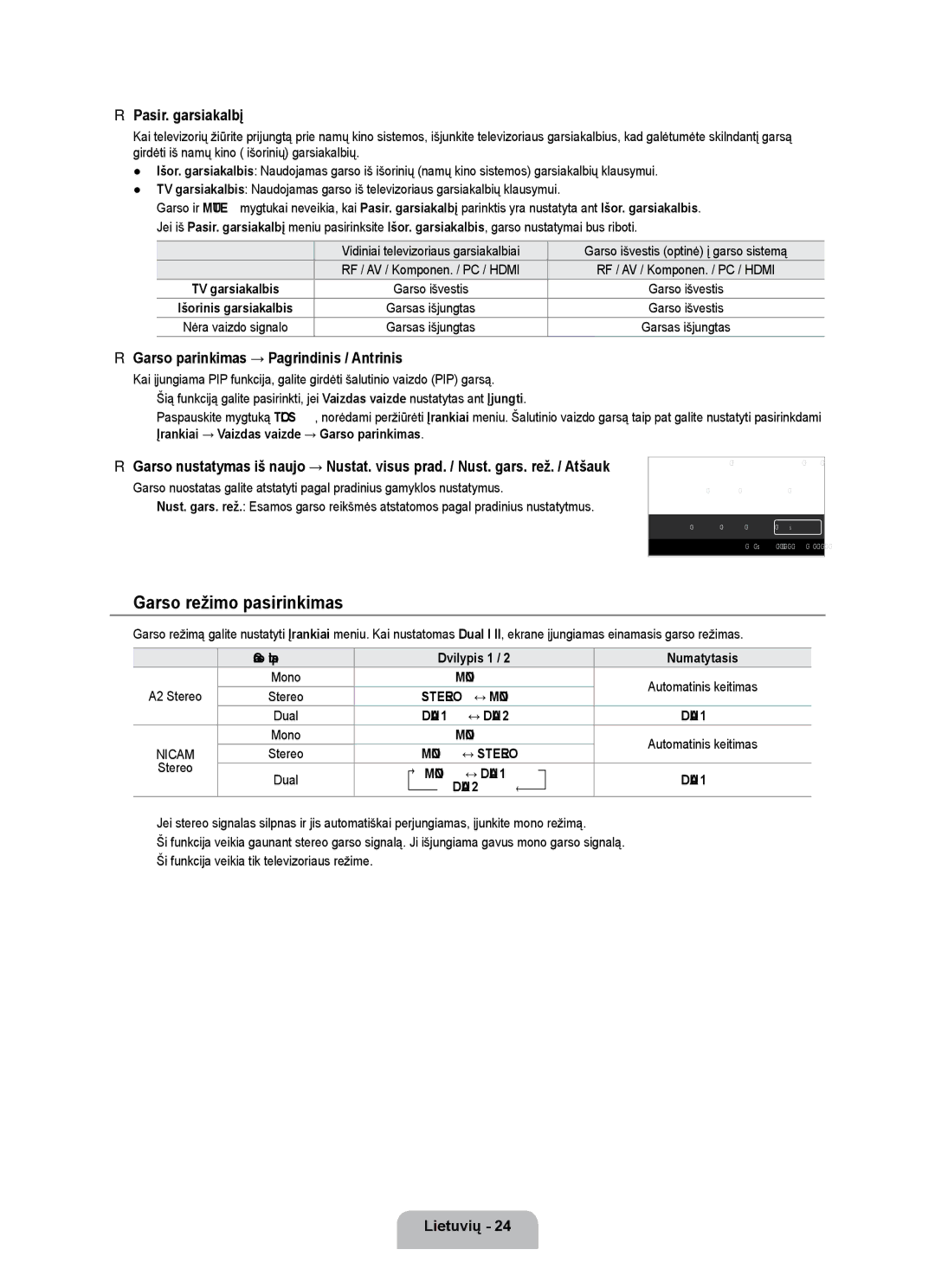 Samsung UE55B7020WWXBT manual Garso režimo pasirinkimas, Pasir. garsiakalbį, Garso parinkimas → Pagrindinis / Antrinis 