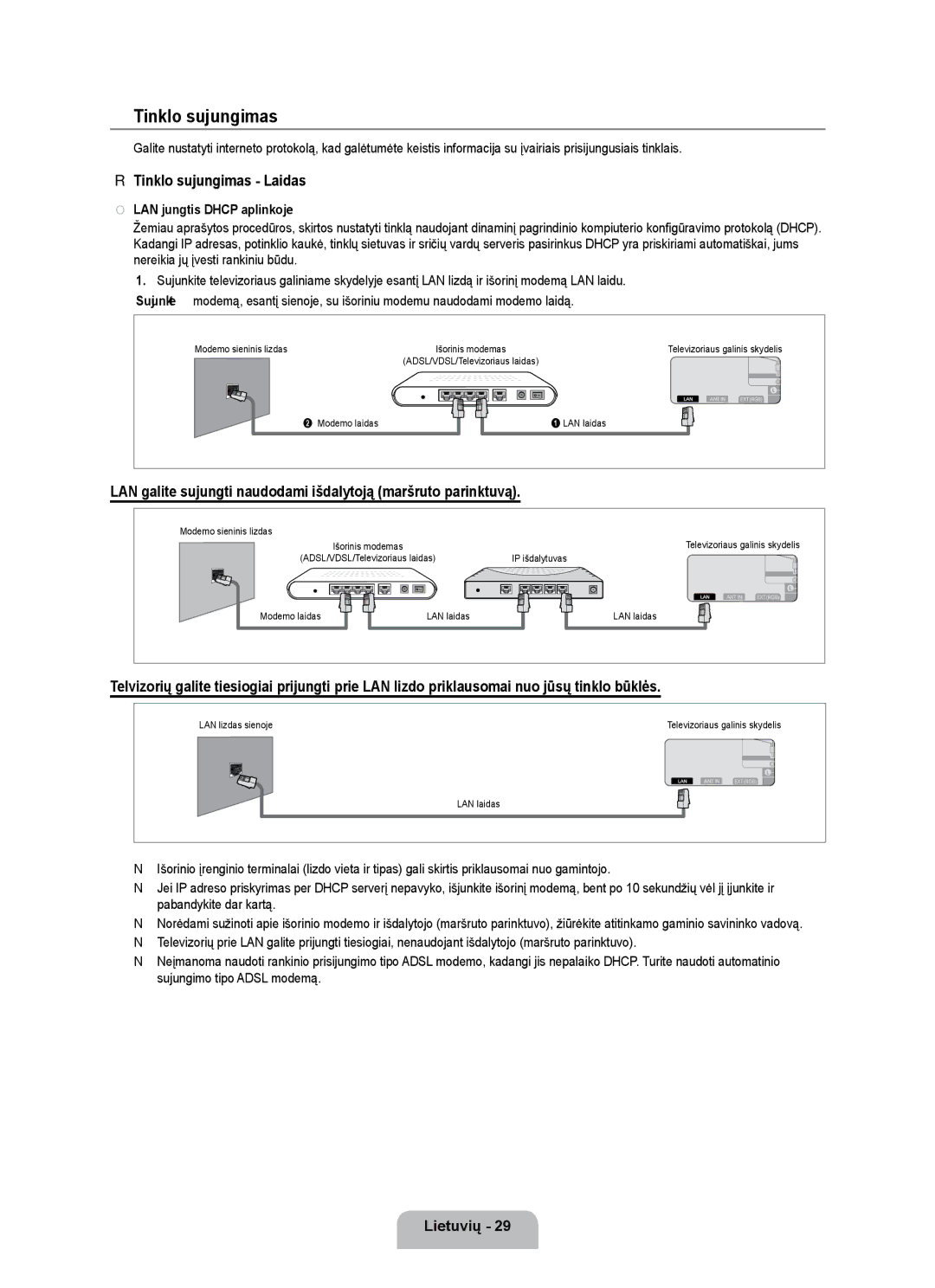 Samsung UE55B7000WWXBT, UE55B7020WWXBT manual Tinklo sujungimas Laidas, LAN jungtis Dhcp aplinkoje 