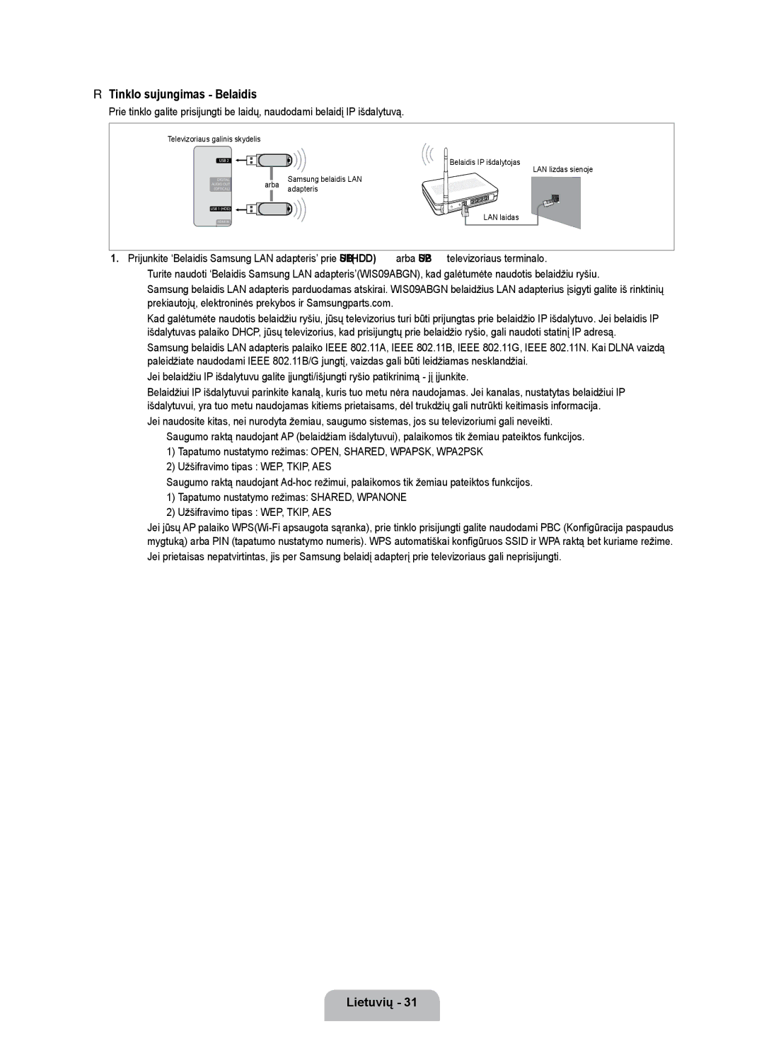 Samsung UE55B7000WWXBT, UE55B7020WWXBT manual Tinklo sujungimas Belaidis 