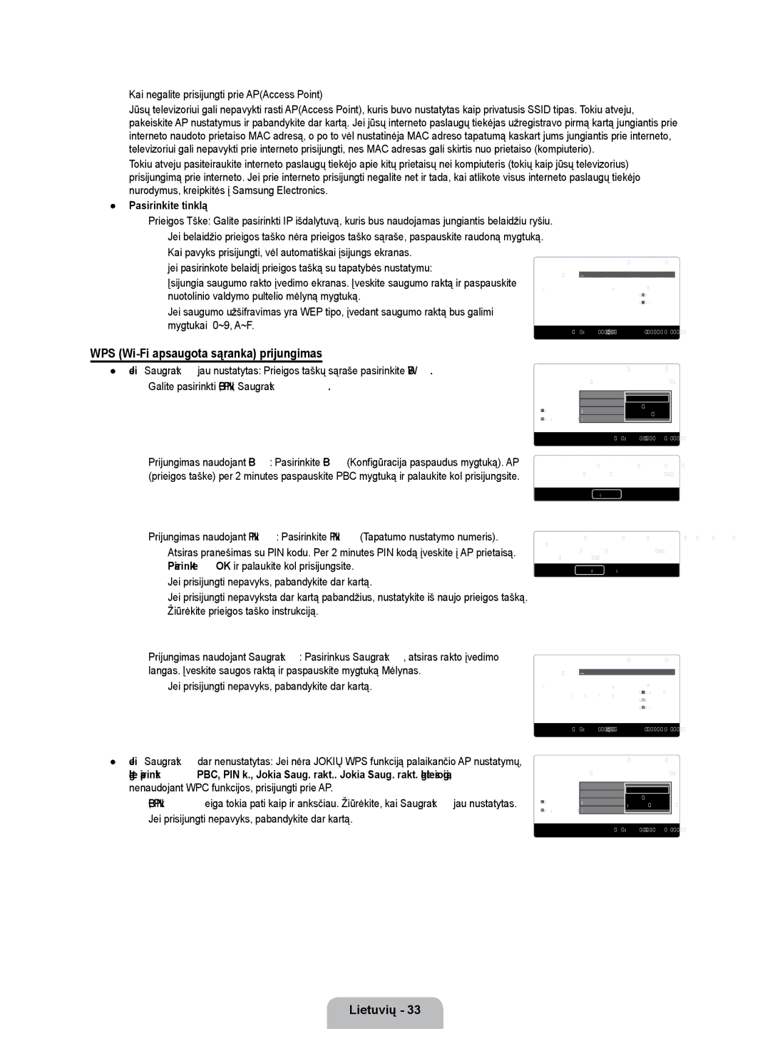 Samsung UE55B7000WWXBT manual WPS Wi-Fi apsaugota sąranka prijungimas, Kai negalite prisijungti prie APAccess Point 