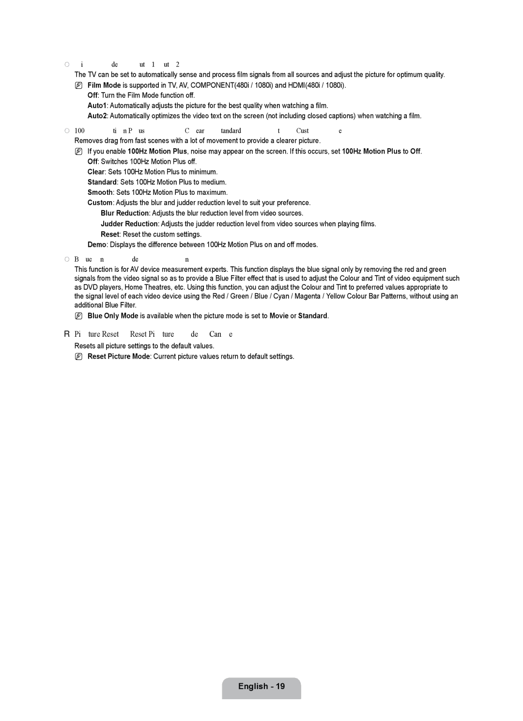 Samsung UE55B7000WWXBT, UE55B7020WWXBT manual Picture Reset → Reset Picture Mode / Cancel, Film Mode → Off / Auto1 / Auto2 