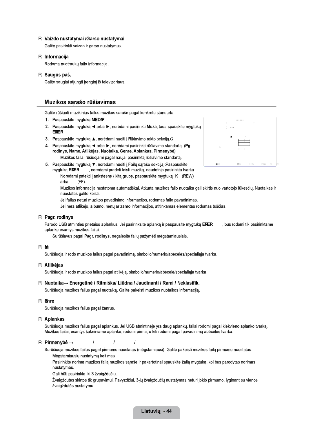 Samsung UE55B7020WWXBT, UE55B7000WWXBT manual Muzikos sąrašo rūšiavimas, Vaizdo nustatymai /Garso nustatymai, Atlikėjas 