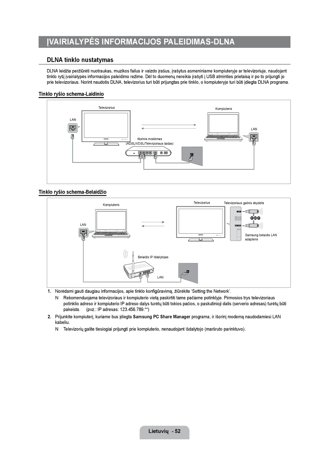 Samsung UE55B7020WWXBT Įvairialypės informacijos paleidimas-DLNA, Dlna tinklo nustatymas, Tinklo ryšio schema-Laidinio 