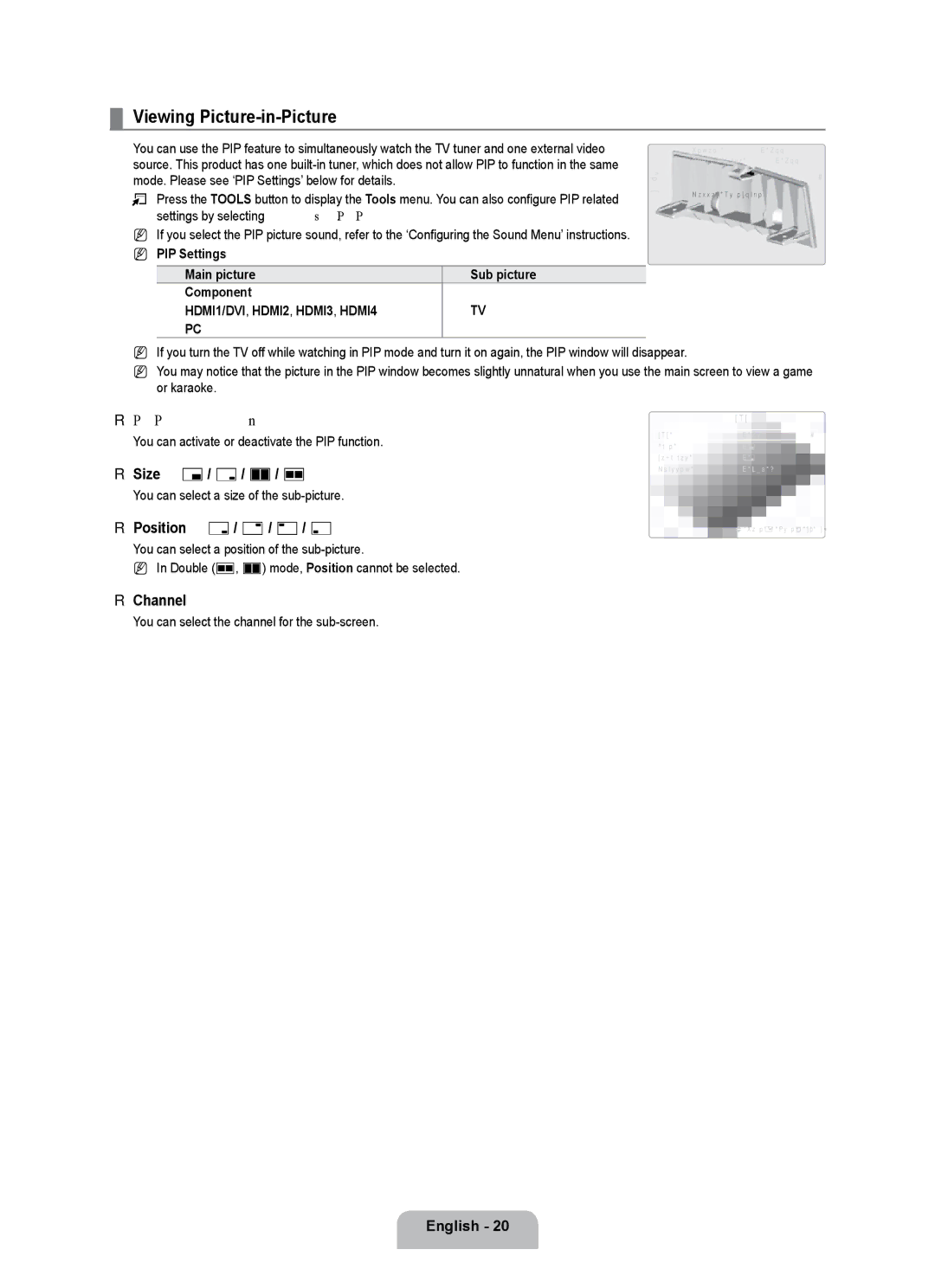 Samsung UE55B7020WWXBT manual Viewing Picture-in-Picture, PIP → Off / On, Size → Õ/ Ã/ À/ Œ, Position → Ã/ / -/ œ, Channel 