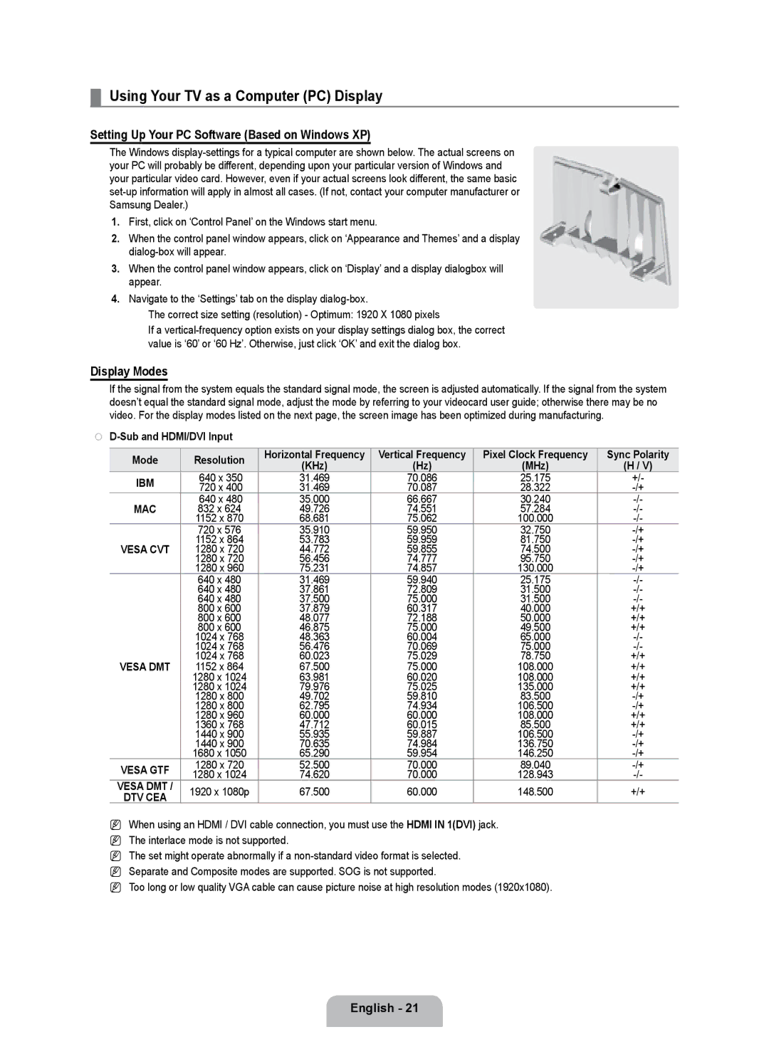 Samsung UE55B7000WWXBT manual Using Your TV as a Computer PC Display, Setting Up Your PC Software Based on Windows XP 