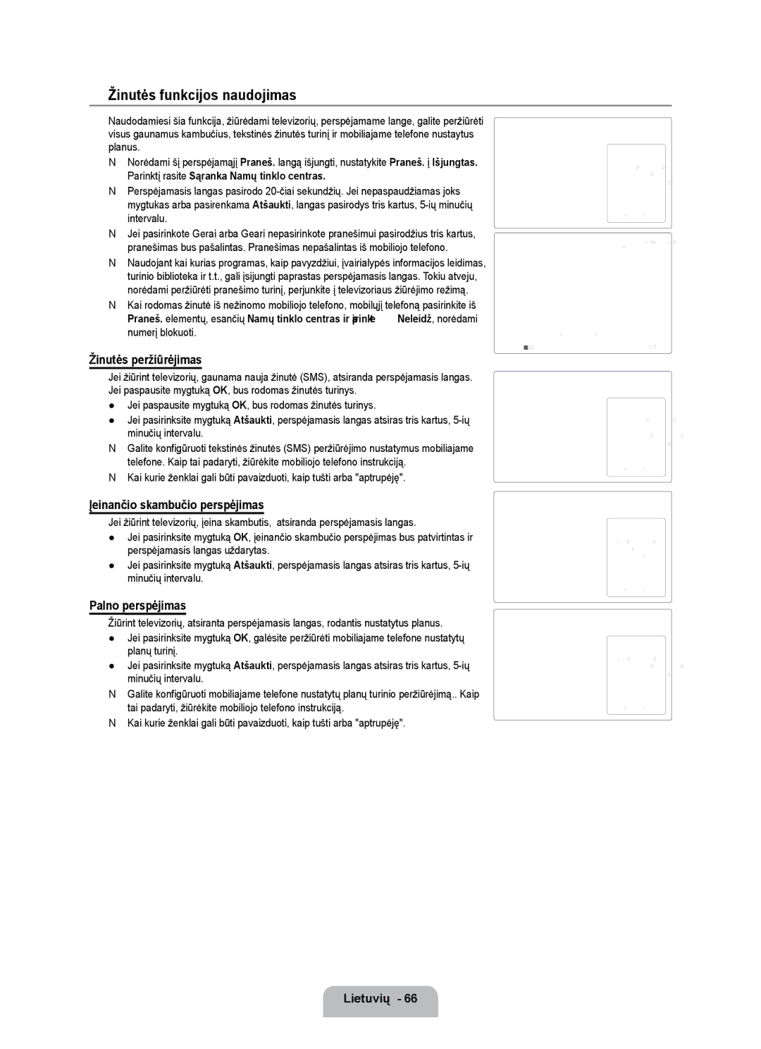 Samsung UE55B7020WWXBT manual Žinutės funkcijos naudojimas, Žinutės peržiūrėjimas, Įeinančio skambučio perspėjimas 