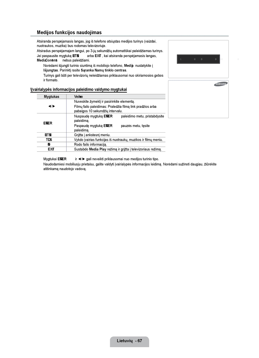 Samsung UE55B7000WWXBT, UE55B7020WWXBT Medijos funkcijos naudojimas, Įvairialypės informacijos paleidimo valdymo mygtukai 