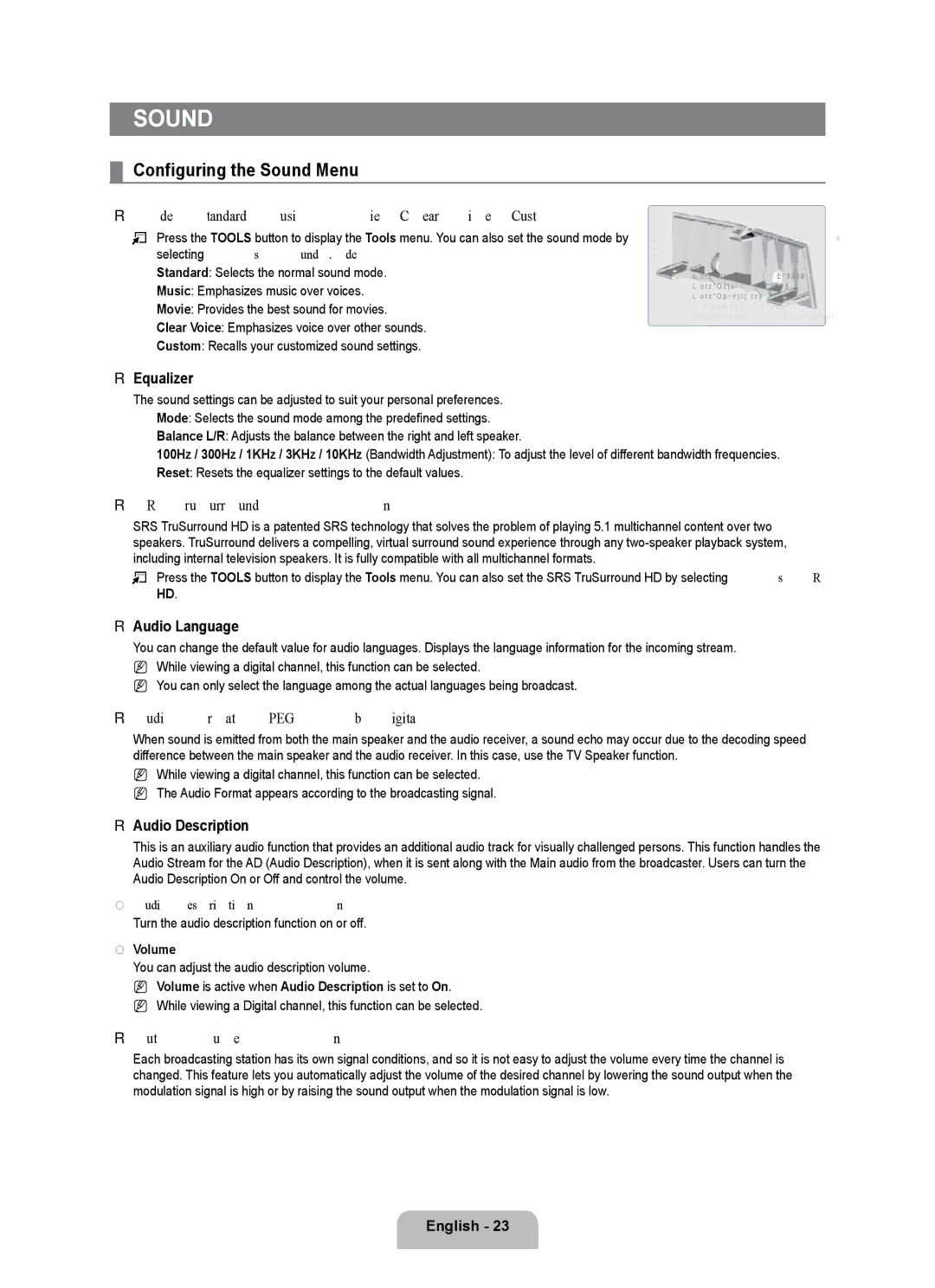 Samsung UE55B7000WWXBT, UE55B7020WWXBT manual Configuring the Sound Menu 