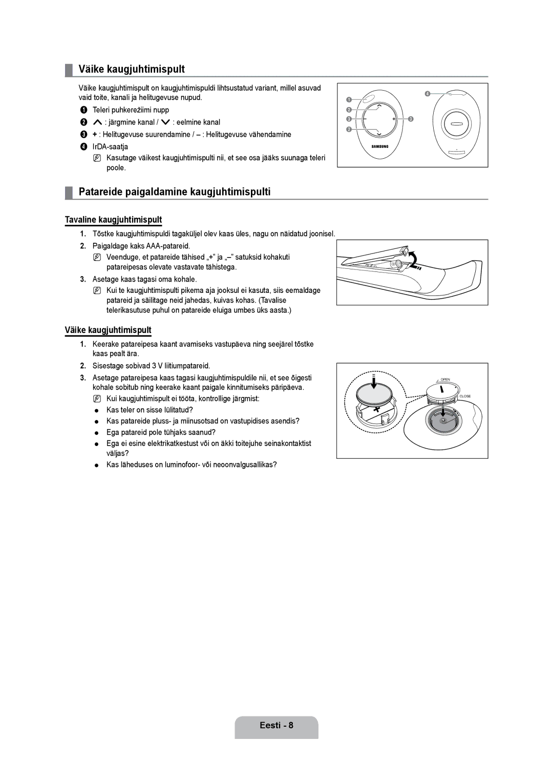 Samsung UE55B7020WWXBT manual Väike kaugjuhtimispult, Patareide paigaldamine kaugjuhtimispulti, Tavaline kaugjuhtimispult 