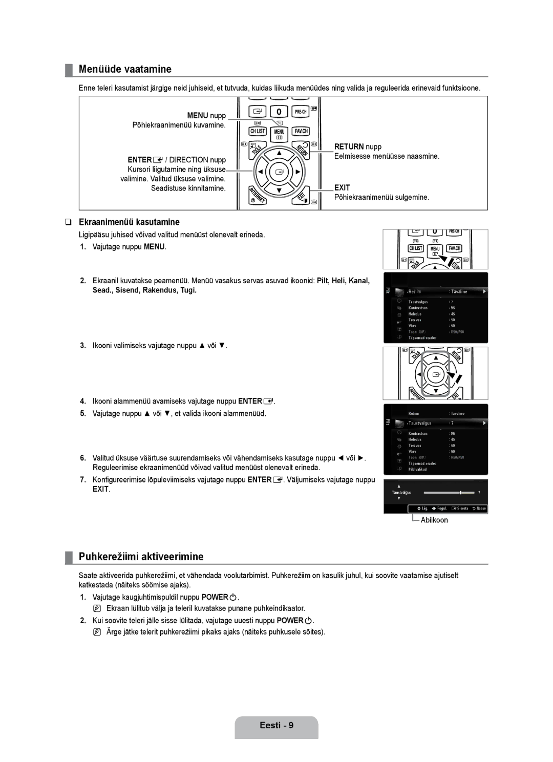 Samsung UE55B7000WWXBT, UE55B7020WWXBT manual Menüüde vaatamine, Puhkerežiimi aktiveerimine, Ekraanimenüü kasutamine 