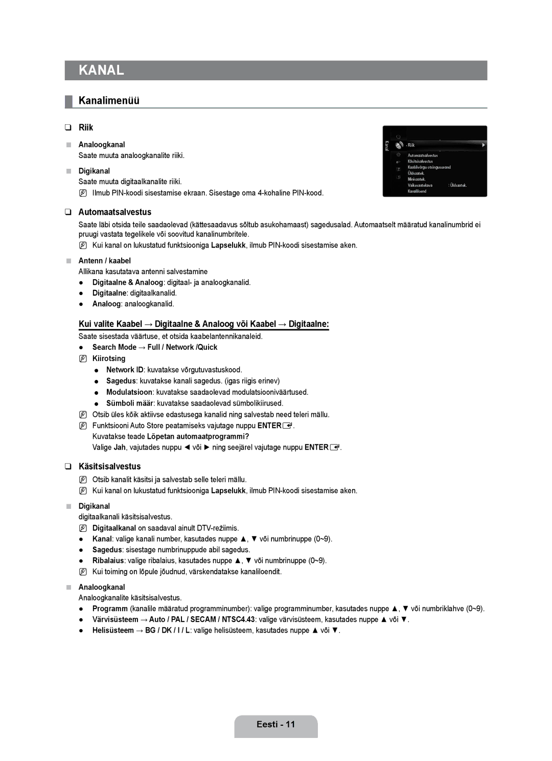 Samsung UE55B7000WWXBT, UE55B7020WWXBT manual Kanalimenüü, Riik, Automaatsalvestus, Käsitsisalvestus 