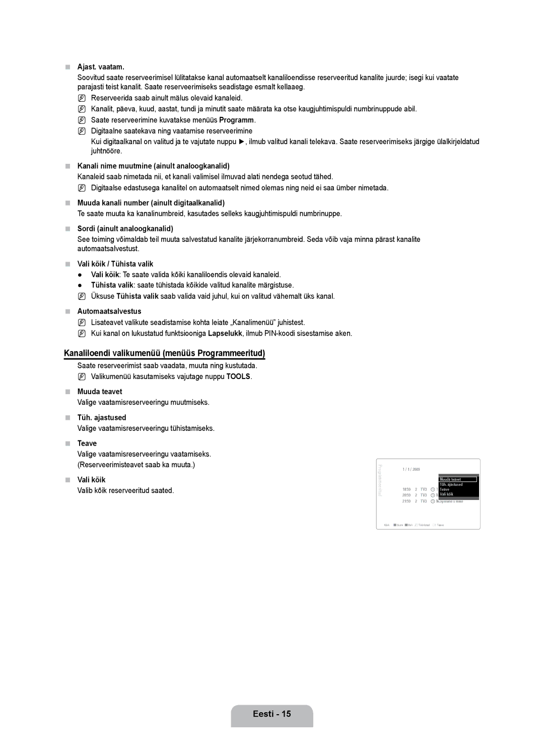 Samsung UE55B7000WWXBT, UE55B7020WWXBT manual Kanaliloendi valikumenüü menüüs Programmeeritud 