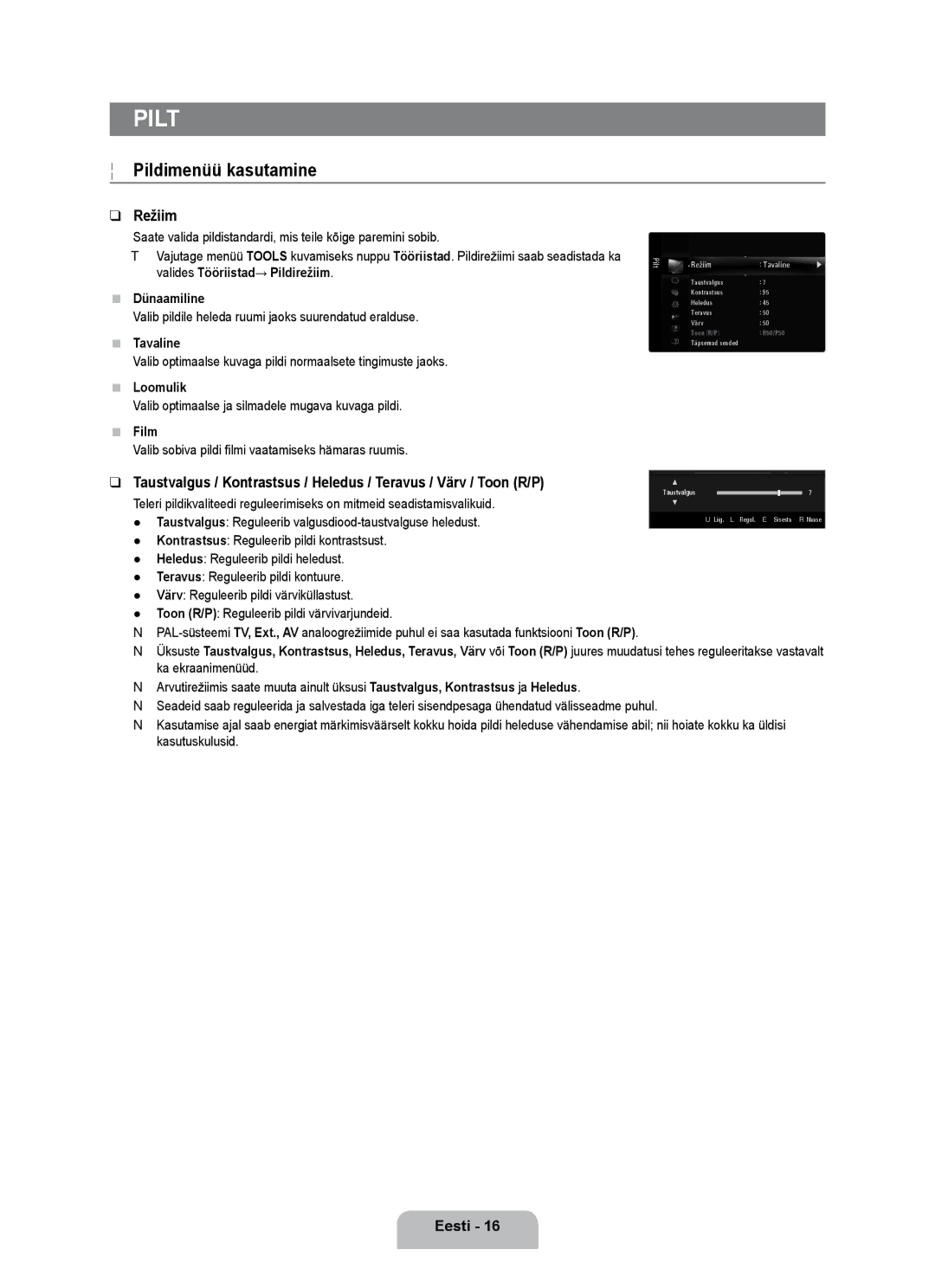 Samsung UE55B7020WWXBT, UE55B7000WWXBT manual Pilt, Pildimenüü kasutamine, Režiim 