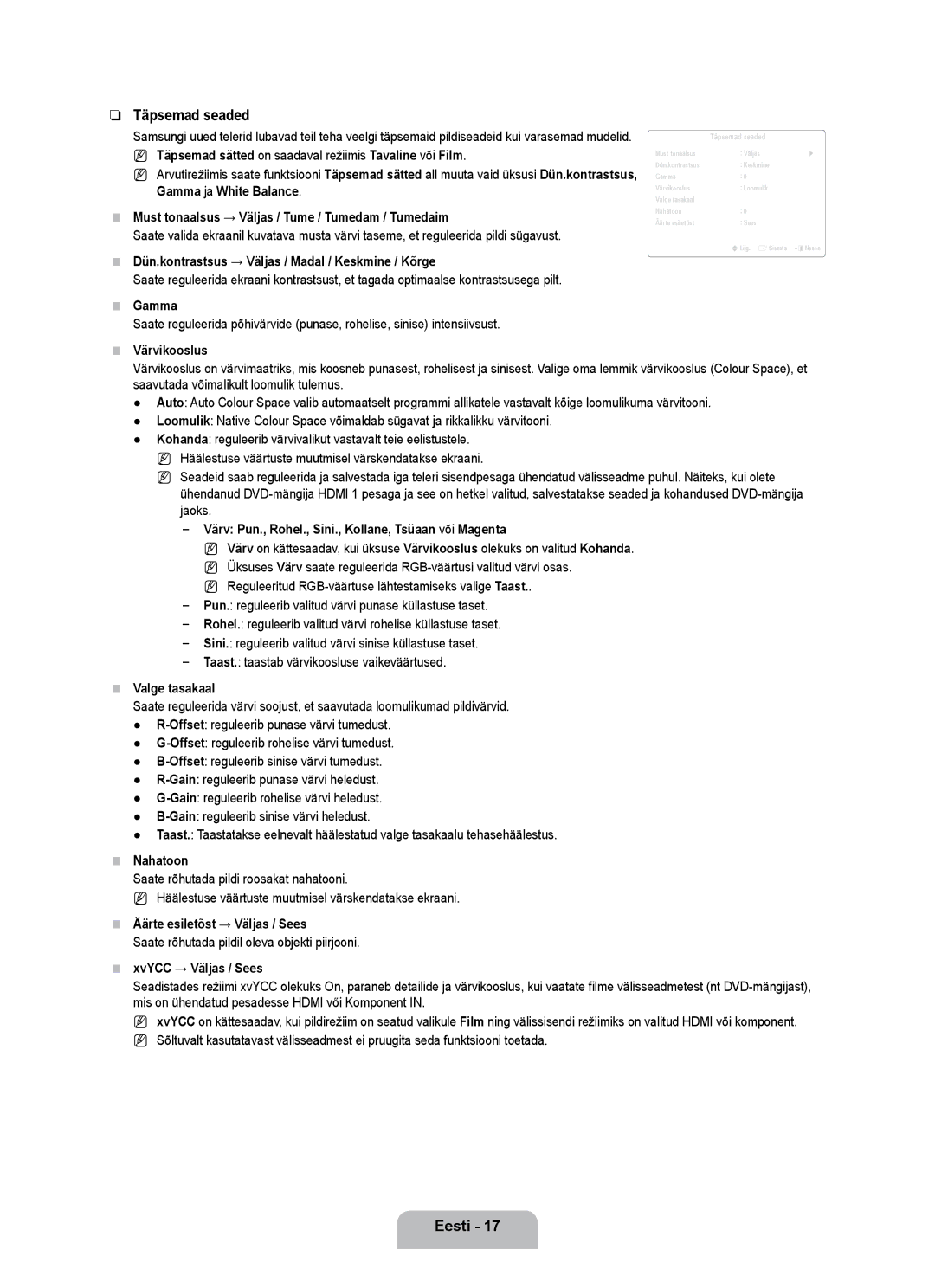 Samsung UE55B7000WWXBT, UE55B7020WWXBT manual Täpsemad seaded 