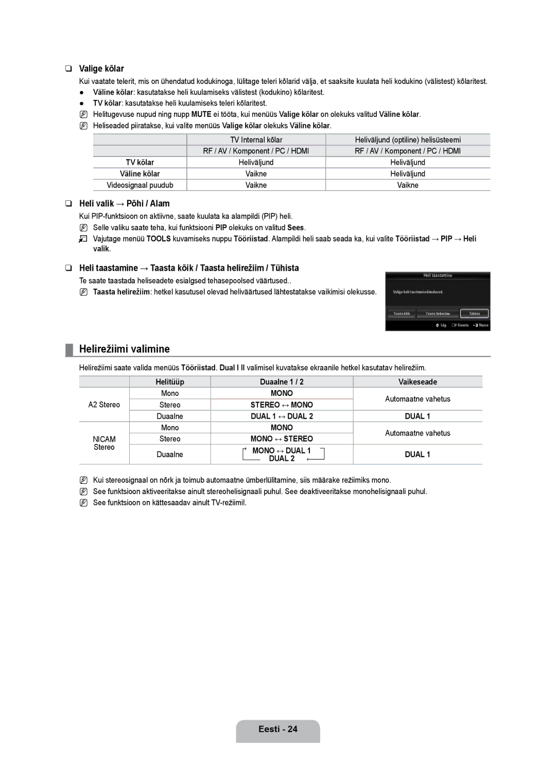 Samsung UE55B7020WWXBT manual Helirežiimi valimine, Valige kõlar, Heli valik → Põhi / Alam, Helitüüp Duaalne 1 Vaikeseade 