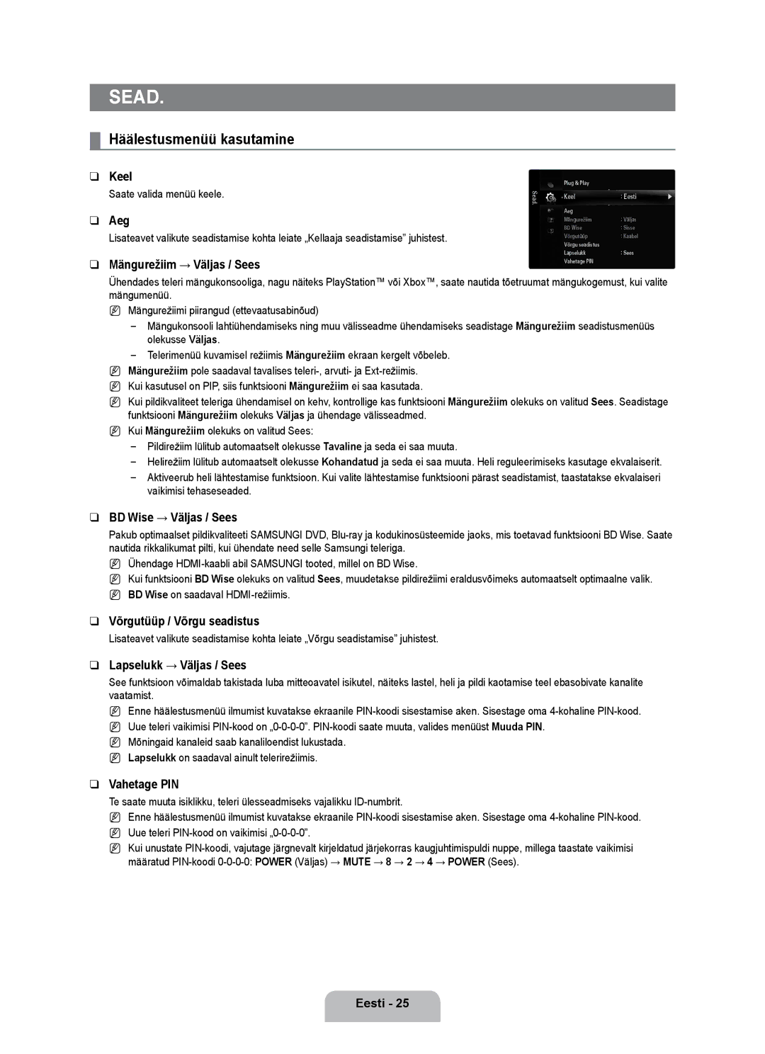 Samsung UE55B7000WWXBT, UE55B7020WWXBT manual Sead, Häälestusmenüü kasutamine 