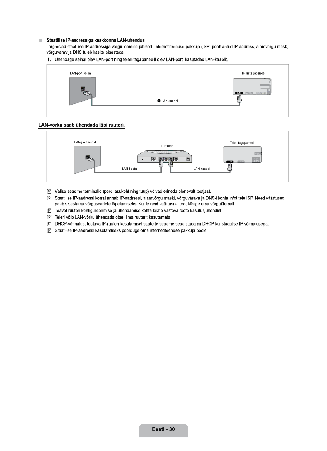 Samsung UE55B7020WWXBT, UE55B7000WWXBT manual Staatilise IP-aadressiga keskkonna LAN-ühendus 