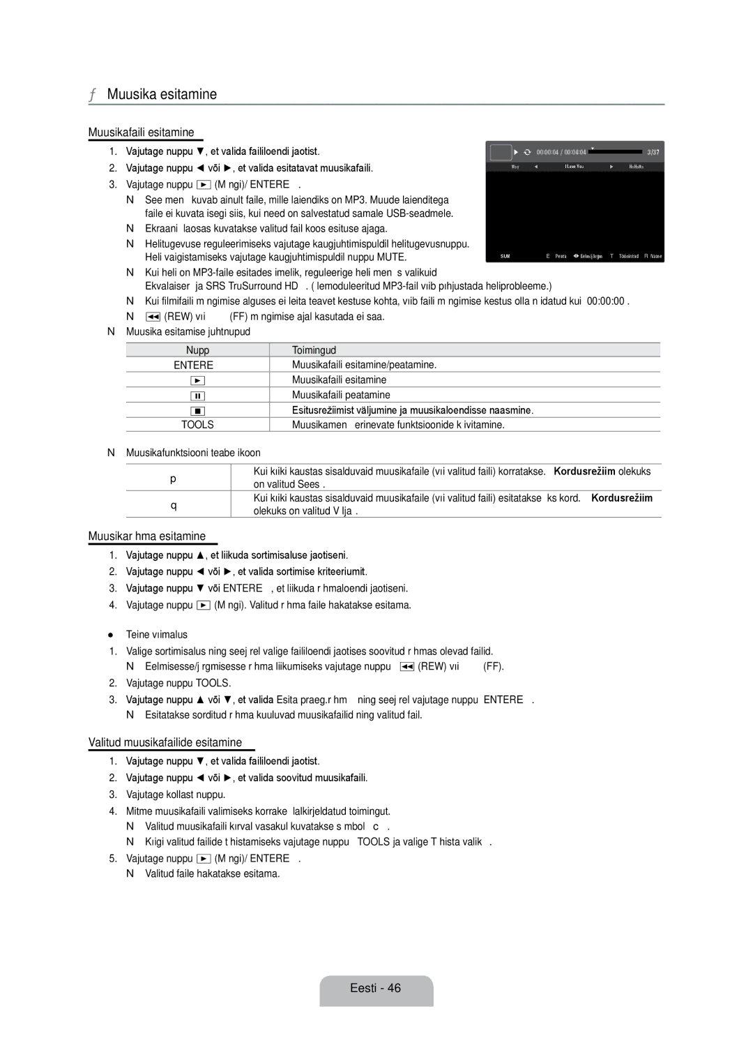 Samsung UE55B7020WWXBT Muusika esitamine, Muusikafaili esitamine, Muusikarühma esitamine, Valitud muusikafailide esitamine 