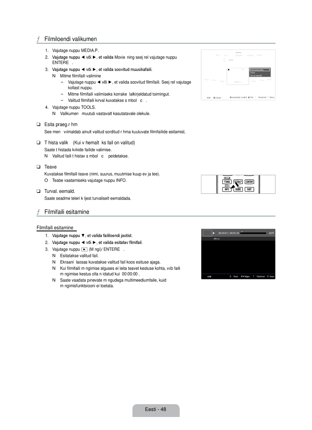 Samsung UE55B7020WWXBT, UE55B7000WWXBT manual Filmiloendi valikumenüü, Filmifaili esitamine 