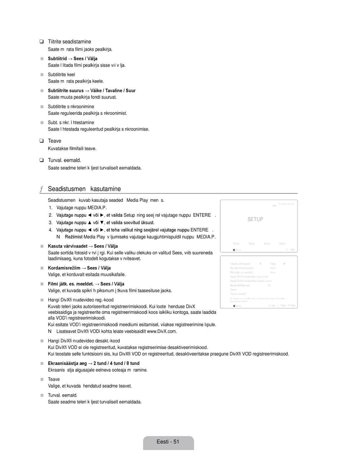 Samsung UE55B7000WWXBT, UE55B7020WWXBT manual Seadistusmenüü kasutamine, Tiitrite seadistamine 