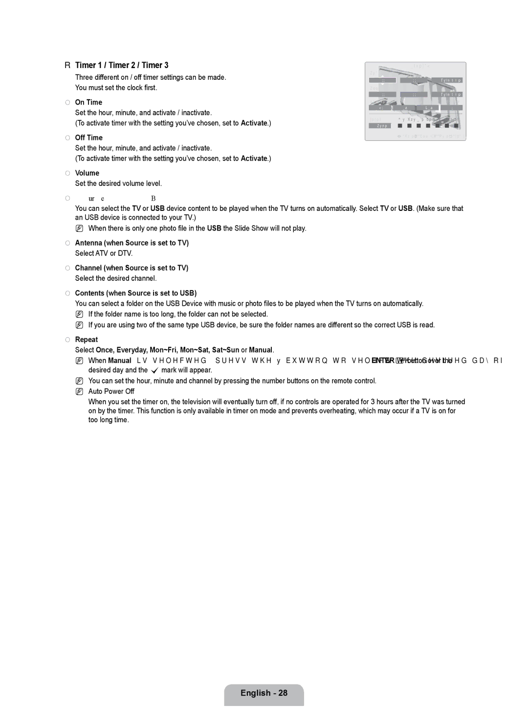 Samsung UE55B7020WWXBT manual Timer 1 / Timer 2 / Timer, On Time, Source → TV / USB, Contents when Source is set to USB 