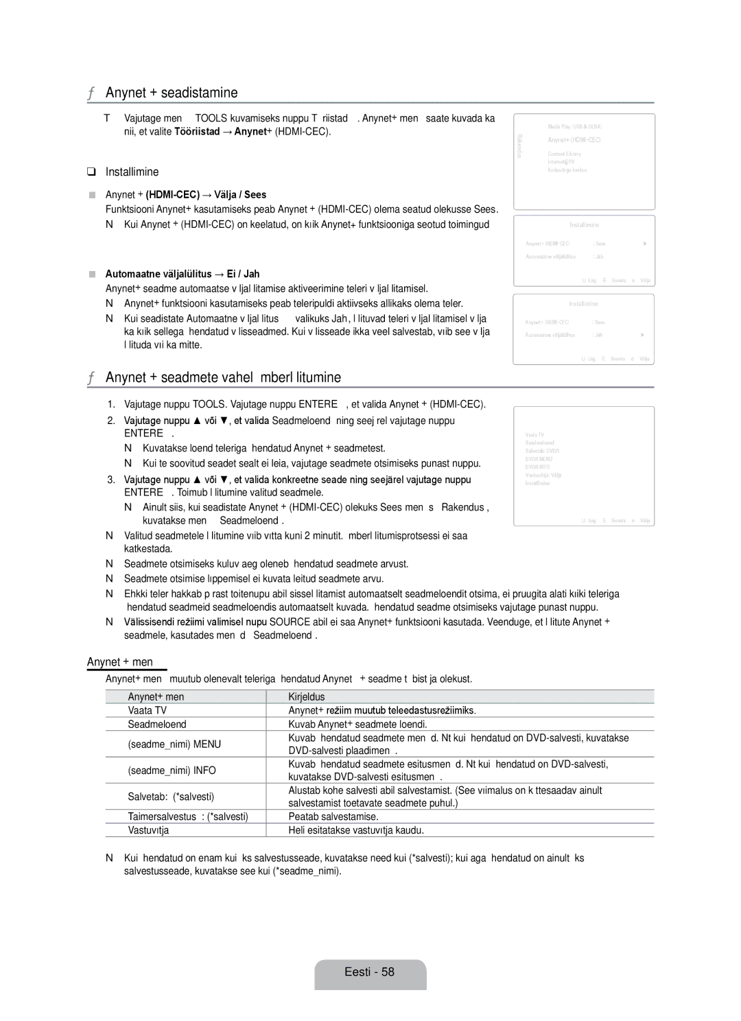 Samsung UE55B7020WWXBT manual Anynet+ seadistamine, Anynet+ seadmete vahel ümberlülitumine, Installimine, Anynet+ menüü 