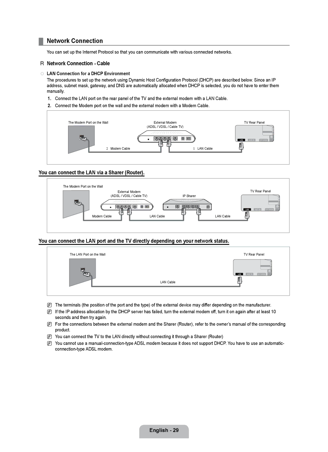 Samsung UE55B7000WWXBT, UE55B7020WWXBT manual Network Connection Cable, You can connect the LAN via a Sharer Router 